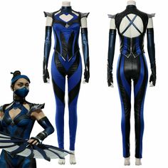 an image of a woman in blue and black catsuits