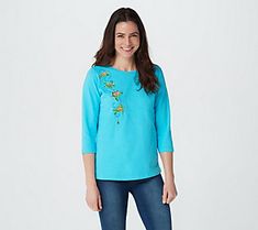 Get whisked away. Your heart will flutter with delight for this sequin and bead embellished tee with dazzling embroidery details. From Quacker Factory(R). Spring Embellished Cotton T-shirt, Embellished Cotton T-shirt For Spring, Casual Embellished T-shirt For Spring, Blue Embroidered Top With 3/4 Sleeves, Spring Casual Embellished Tops, Blue Embellished Tops For Fall, Casual Embellished Tops For Spring, Blue 3/4 Sleeve Tops With Floral Embroidery, Butterfly Embroidery