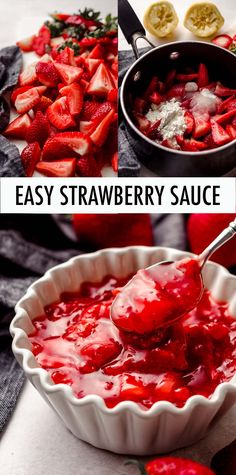 strawberry sauce in a bowl with strawberries on the side