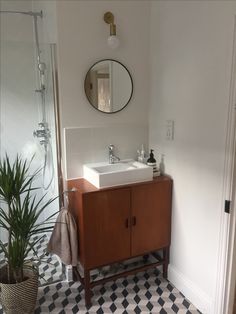 a bathroom with a sink and mirror next to a potted plant on the floor