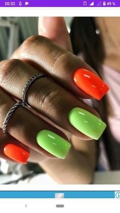 Orange And Green Summer Nails, Orange And Green Nails Ideas, Neon Orange And Green Nails, Orange And Lime Green Nails, Neon Nails Designs Short, Lime Nails Design, Neon Square Nails, Bright Neon Acrylic Nails Summer, Orange Green Nails