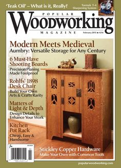 the front cover of woodworking magazine with an image of a cabinet and vase on it