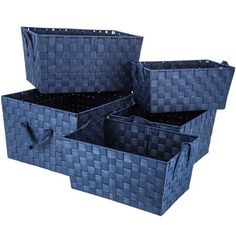 three blue baskets sitting next to each other