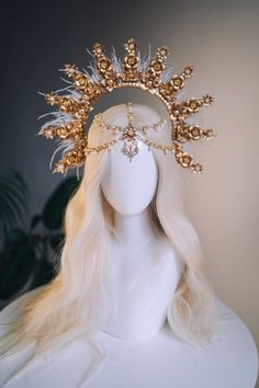 Angel Crown Gold Halo Crown Beige Headband Halloween - Etsy Angel Costume Halo, Types Of Halos Angel, Halo Design Angel, Angel Halo Costume, Gold Angel Costume, Concert Bodysuit, Angel Halos, Angel Headpiece, Angel Core Outfit