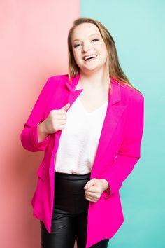 Lightweight Single Fuschia Blazer by BiBi Clothing Hot Pink Fabric, Cute Blazers, Trendy Heels, Lightweight Blazer, Night Looks, Notched Collar, To Night, Pink Fabric, Leather Leggings