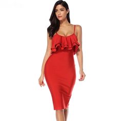 Elegant Ruffles Red Bodycon Midi Dress - Uniqistic.com Fitted Midi Dress With Ruffles And Spaghetti Straps, Fitted Red Mini Dress With Ruffle Hem, Fitted Solid Color Midi Dress With Ruffles, Fitted Solid Midi Dress With Ruffles, Red Fitted Mini Dress With Ruffles, Fitted Ruffle Dress With Ruffle Hem, Fitted Solid Color Ruffle Dress With Ruffle Hem, Fitted Ruffle Dress With Solid Color And Ruffle Hem, Red Ruffled Knee-length Midi Dress