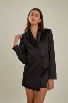 Satin Blazer Romper – Endless Rose Blazer Romper, Satin Blazer, Knit Bottom, Tweed Dress, Blazer And Shorts, Nude Heels, Heat Styling Products, Romper With Skirt, Black Romper