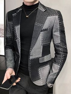 Mens Coat Design For Men, Winter Long Sleeve Patchwork Blazer, Winter Fitted Patchwork Blazer, Winter Patchwork Fitted Blazer, Spring Gray Patchwork Outerwear, Casual Fitted Patchwork Blazer, Fitted Black Blazer With Patch Pockets, Black Cotton Blazer For Winter, Fall Cotton Blazer With Patchwork