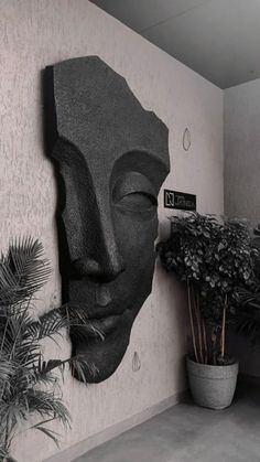 there is a plant in the corner next to a wall with a face on it