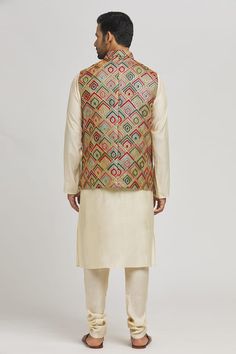 Yellow and multi color bundi with all over geometric, thread embroidery. - Aza Fashions Thread Embroidery, Cotton Embroidery, Jacket For Men, Embroidery Thread, Aza Fashion, Mens Jackets, Multi Color, Thread, For Men