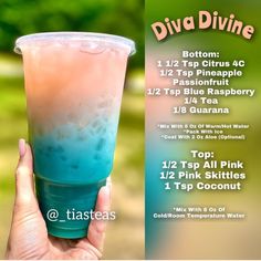 a hand holding up a blue and pink drink in front of a green background with the words diya divine on it