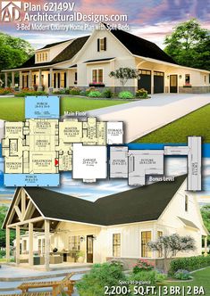 two story house plan with 3 bedroom and 2 bathrooms in the front, an open floor plan