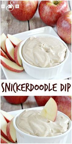 an apple dip in a white bowl with apples around it and the words, snickkerdoodle dip