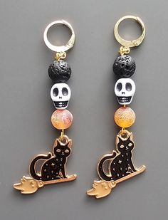 Spooky witch kitty earrings, perfect for Halloween! Witchy Drop Earrings, Halloween Cat Ears Earrings For Pierced Ears, Halloween Cat Design Earrings With Cat Ears, Witchy Halloween Earrings, Halloween Black Cat Design Jewelry, Black Cat Ears Earrings For Halloween, Witchy Halloween Earrings Adjustable, Black Cat Design Earrings For Halloween, Black Halloween Jewelry With Cat Ears