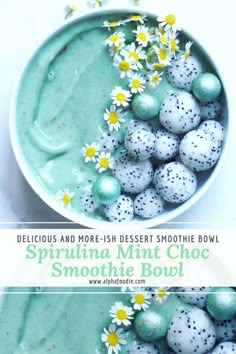 two bowls filled with green smoothie balls and daisies on the side, next to each other