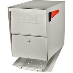 a mailbox with the us mail logo on it's front and bottom panel