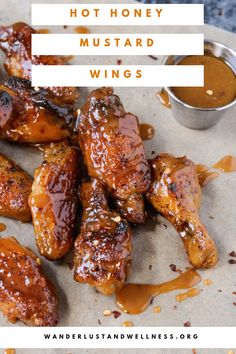 chicken wings covered in bbq sauce with text overlay that reads how to make hot honey mustard wings