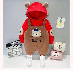 2-piece Bear Pattern Fleece-lined Hoodie & Pants for Children Boy - PrettyKid Red Long Sleeve Winter Sets, Red Hooded Winter Set, Long Sleeve Fleece Sets For Fall, Red Cotton Sets For Fall, Red Cotton Fall Season Set, Children Boy, Hoodie Pants, Childrens Clothing Boutique, Kids Boutique Clothing