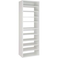 a white book shelf with six shelves on one side and two open ones on the other