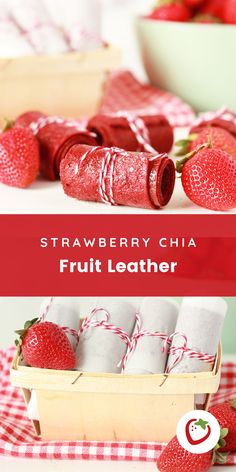 strawberry chia fruit leather in a wooden box with strawberries on the side and red gingham cloth wrapped around it