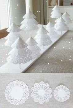 paper doily christmas trees are on display