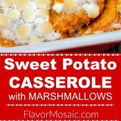 sweet potato casserole with marshmallows in a white dish on a red background