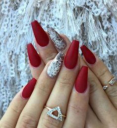 Red Matte Nails, Matte Acrylic Nails, Gel French Manicure, Red And Silver