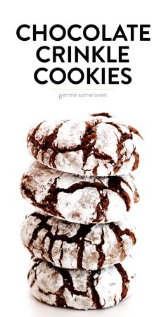 chocolate crinkle cookies stacked on top of each other with the title overlay