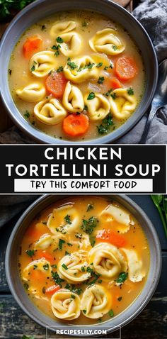 two bowls of tortellini soup with carrots and broccoli in them