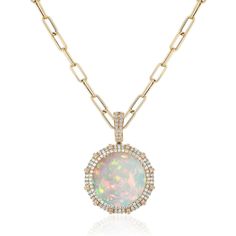 One of a Kind Opal & Diamond Round Pendant on Paperclip Chain Necklace Luxury Opal Necklace With 17 Jewels, Luxury Opal Cabochon Jewelry, Luxury Yellow Gold Opal Jewelry, Luxury Oval Opal Necklaces, Luxury Yellow Gold Opal Necklace, Luxury Ethiopian Opal Formal Jewelry, Luxury Gold Opal Necklaces, Luxury Gold Opal Necklace, Push Presents