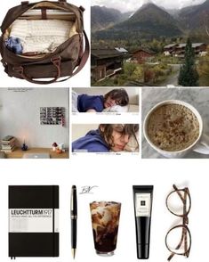 an assortment of items including a coffee cup, notebook and pen are shown in this collage