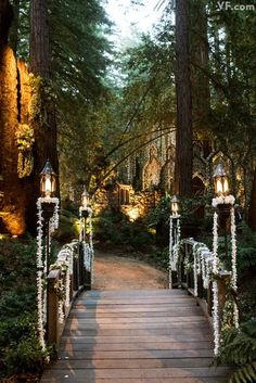 a wooden walkway in the middle of a forest with lights on each side and flowers hanging from it's sides