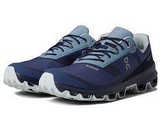 On Cloudventure Waterproof - Men's Shoes : Denim/Midnight : Venture into unknown lands with confidence wearing the On Cloudventure Waterproof trail-running shoes. Predecessor: Cloudventure. Support Type: Neutral. Cushioning: Lightweight, flexible response. Surface: Trail. Differential: 6 mm. Two-layer upper design features a lightweight, breathable, water-repellent outer layer, and a comfortable inner layer. Lace-up closure. Unique lacing forms a diagonal line that follows the foot's natural mov Cloud Venture Shoes, Waterproof Lace-up Walking Shoes For Sports, Casual Moisture-wicking Lace-up Trail Running Shoes, Blue Technical Outdoor Sneakers, Technical Blue Outdoor Sneakers, Blue Trail Running Shoes With Air Cushioning, Blue Athleisure Running Shoes For Outdoor Activities, Sporty Blue Trail Running Shoes For Outdoor, Casual Blue Waterproof Trail Running Shoes