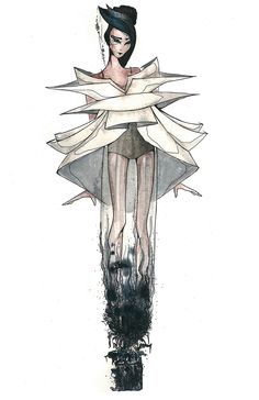 a drawing of a woman in a dress with feathers on her head and wings around her body