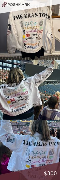 Custom Taylor Swift The Eras Tour Jacket- handmade one of a kind 1989 Jacket Taylor Swift, Taylor Swift Eras Jean Jacket Diy, Taylor Swift Eras Tour Jacket, Taylor Swift Our Song Outfits, Eras Tour Outfit Ideas All Eras, Eras Tour Outfits Jacket, Eras Your Denim Jacket, Eras Jacket Diy, Taylor Swift Eras Tour Denim Jacket