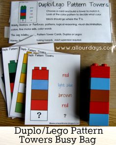 lego pattern towers busy bag with instructions and printables to help kids learn how to use them