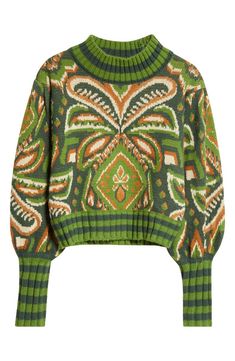 FARM Rio Pineapple Ikat Jacquard Sweater | Nordstrom Edgy Glam, Voluminous Sleeves, Crochet Things, Jacquard Sweater, Knitwear Fashion, Jacquard Pattern, One Tree, Farm Rio, Mock Neck Sweater