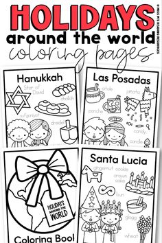 the holidays around the world coloring page is shown in black and white with red lettering