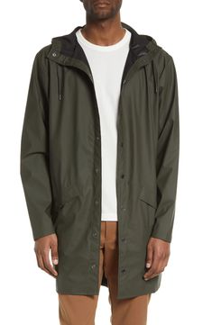 Rains Waterproof Longline Jacket | Nordstrom Longline Jacket, Hooded Raincoat, Waterproof Jacket, Mens Green, Mens Outerwear, Green Jacket, Casual Wardrobe, Long A Line, Snap Closure