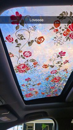 aesthetic stained glass window, stick om stained glass, car decoration ideas, car decor inspo, summer car ideas, car interior, rainbow car, stained glass car moon/sun roof Car Upholstery Ideas, Car Accessories Sunroof, Inside Car Aesthetic Decor, Aesthetic Car Wheel Cover, 4runner Interior Accessories, Stain Glass Car Sunroof, Girly Car Exterior, Inside Of Car Decorations, Glam Car Interior