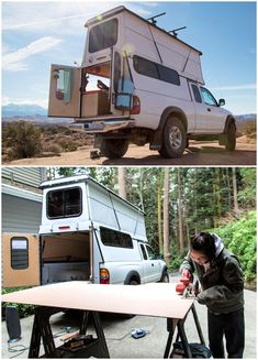 two pictures one with a camper and the other with a table in front of it