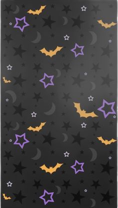 bats and stars on a black background with purple, yellow and orange colors in the sky