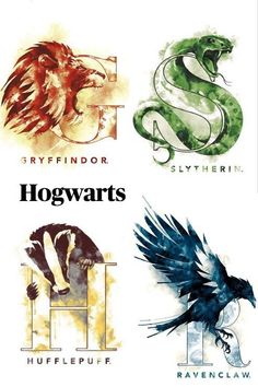 harry potter's hogwarts logo is shown in four different colors and styles