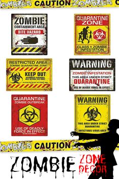 zombie zone signs are displayed on a white background with black and red text below them