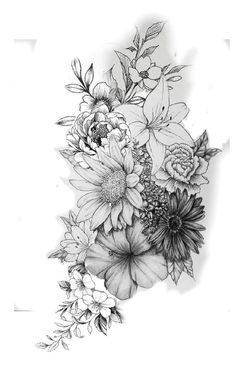 a black and white drawing of flowers with leaves on the bottom half of their arm