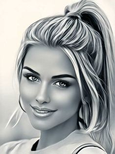 a black and white drawing of a woman's face with her hair in a ponytail