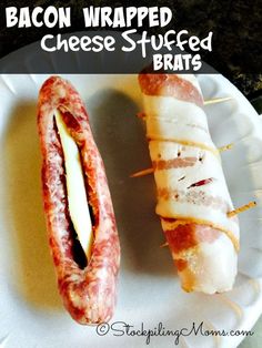 bacon wrapped cheese stuffed brats on a white plate