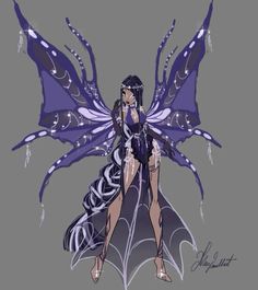 a woman dressed as a fairy sitting on top of a giant purple butterfly with wings