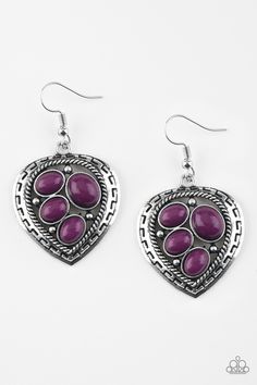 Varying in size, polished purple beads are sprinkled across the center of an asymmetrical heart-shaped frame for a whimsical look. Earring attaches to a standard fishhook fitting. Sold as one pair of earrings. Heart Shaped Frame, Purple Beads, Wild Heart, Purple Earrings, Heart Shaped Earrings, Fish Hook Earrings, Paparazzi Accessories, Purple Stones, Plum Purple