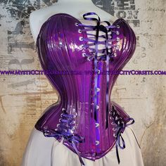 "New overbust corset from \"MystiC City Corsets\" design: MCC-30S (bigger bust/wide hips)  ORIGINAL design/photo: \"MystiC City Corsets\" - color: photo - cotton twill lining steel boning  - 6 x 12mm wide \"white\" flat steel bones (flexible) - 20 x 6mm wide spiral steel bones (flexible) - steel busk (stiff) - boned underbusk for extra stiff front support  - floating modesty panel: 5\" wide ( boned) - high quality silver tone 1/4\" grommets - back lacing: cord corset is recommended for waist tra Fitted Fantasy Style Corset For Costume Party, Fantasy Fitted Corset For Costume Party, Fitted Fantasy Corset For Costume Party, Overbust Corset With Boning For Cosplay, Strapless Corset With Corset Back For Costume, Purple Overbust Corset Dress For Costume Party, Fitted Fantasy Corset Dress With Corset Back, Fitted Purple Corset Dress With Boned Bodice, Fitted Strapless Corset For Cosplay